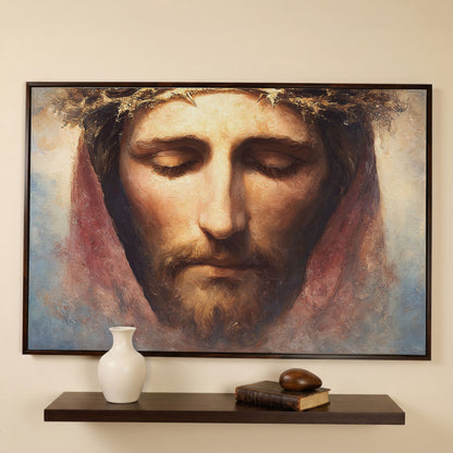Crown of Thorns: Portrait of Jesus Canvas Wall Art in dark walnut floating frame