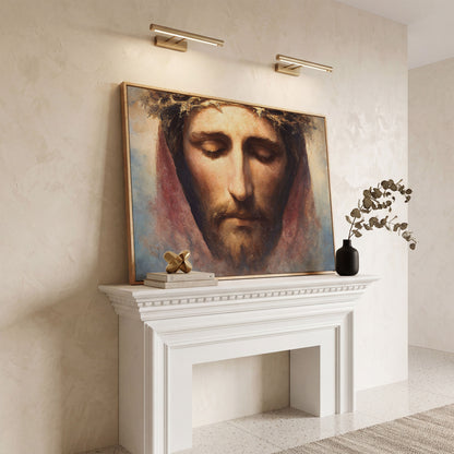 Crown of Thorns: Portrait of Jesus Canvas Wall Art in white oak floating frame