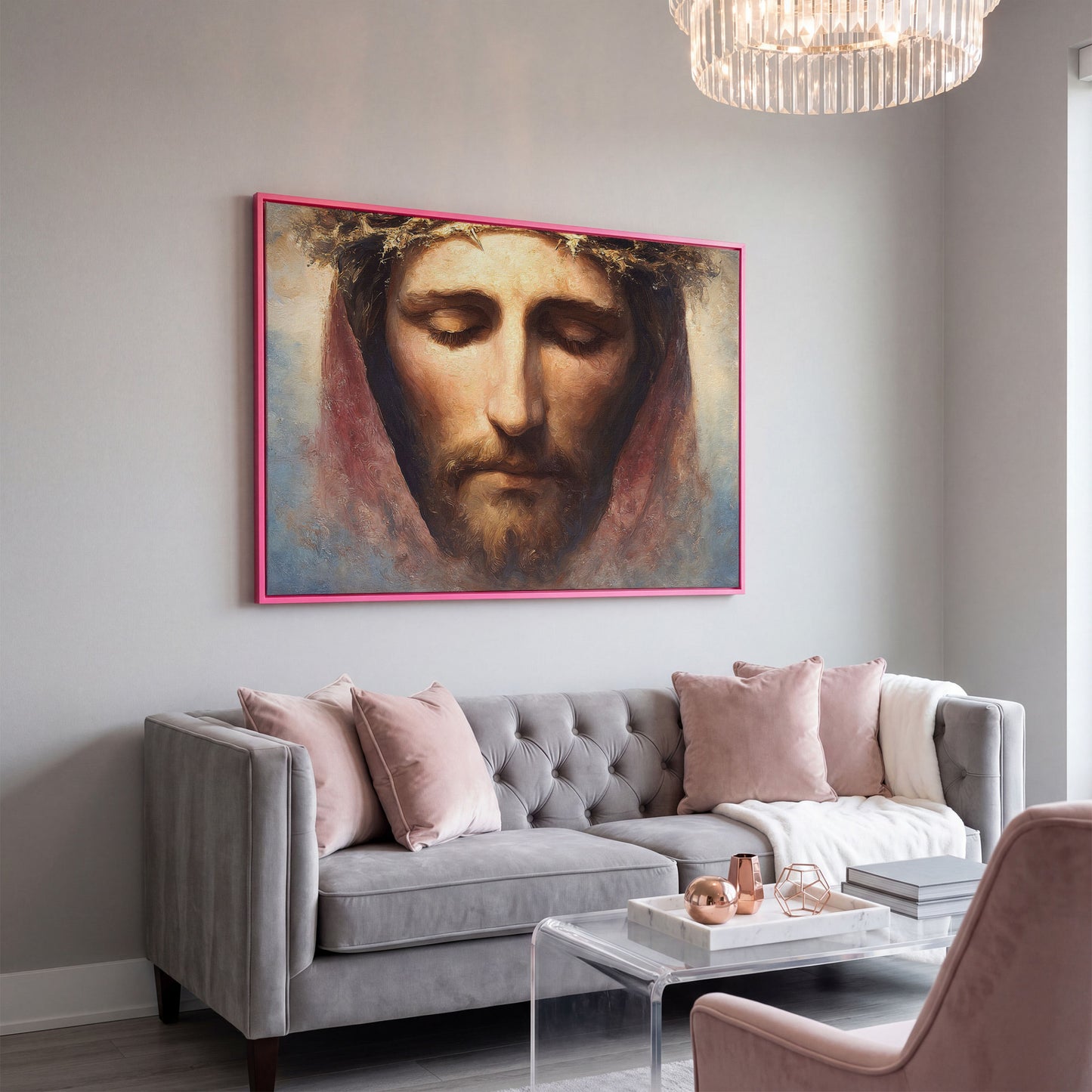 Crown of Thorns: Portrait of Jesus Canvas Wall Art in pink floating frame