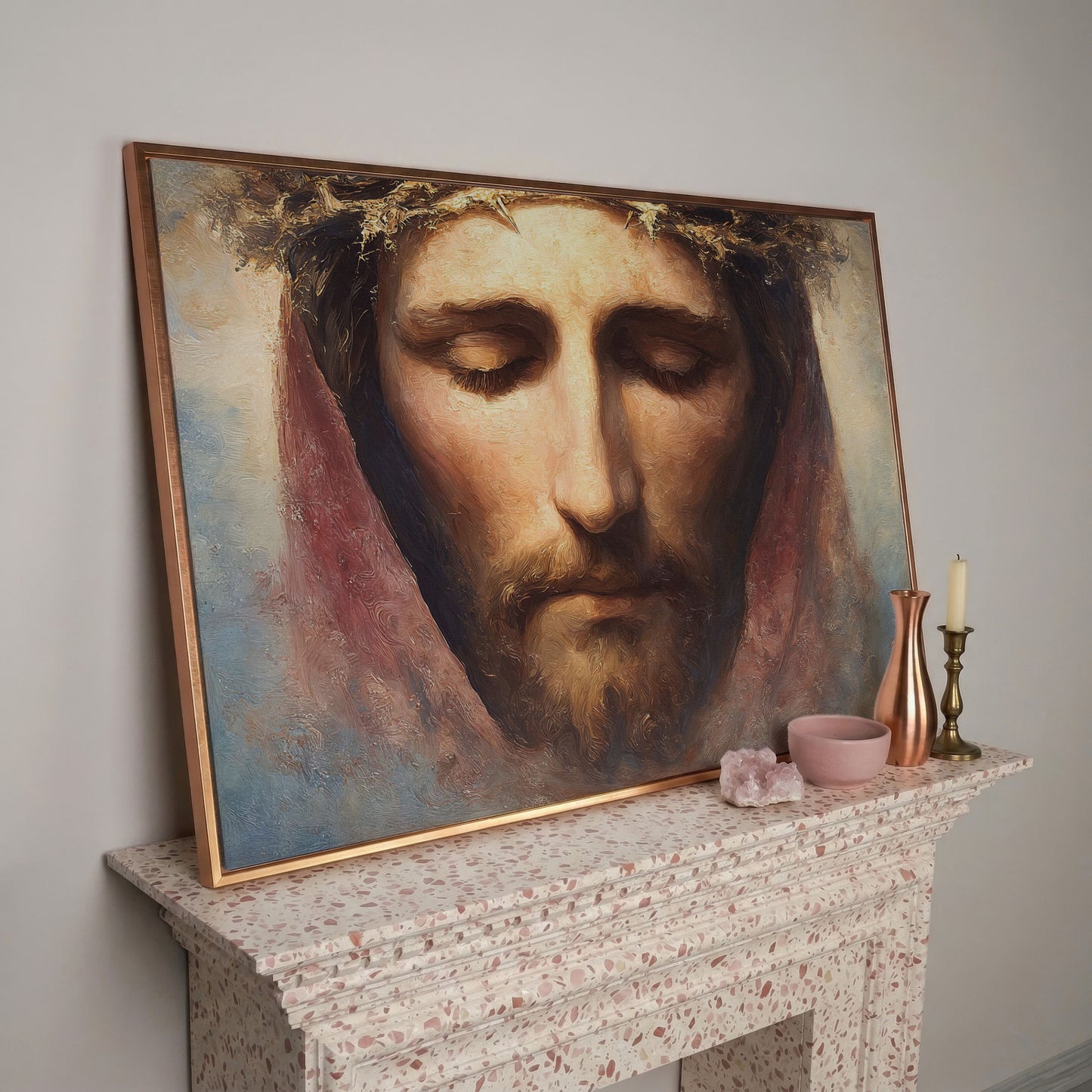 Crown of Thorns: Portrait of Jesus Canvas Wall Art in rose gold floating frame