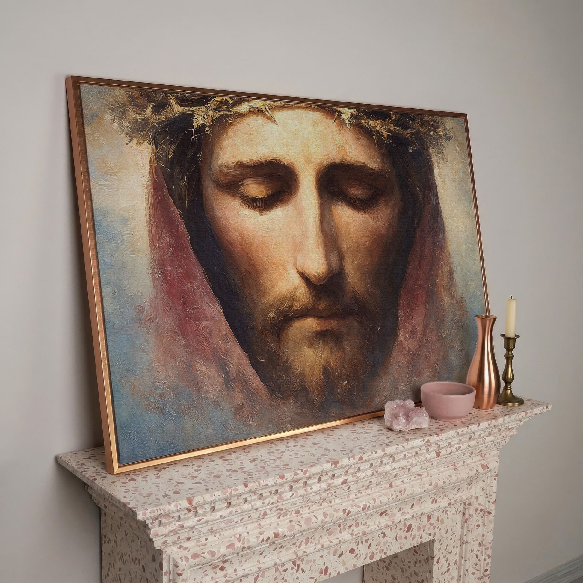 Crown of Thorns: Portrait of Jesus Canvas Wall Art in rose gold floating frame