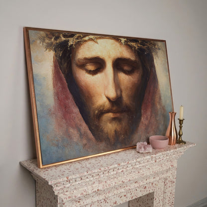 Crown of Thorns: Portrait of Jesus Canvas Wall Art in rose gold floating frame