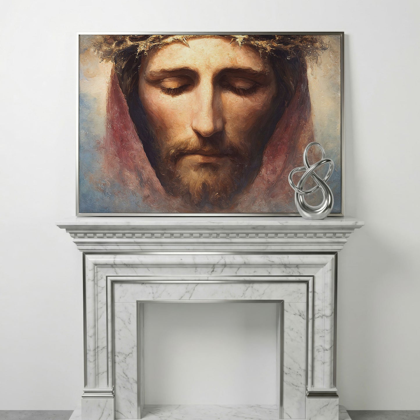 Crown of Thorns: Portrait of Jesus Canvas Wall Art in silver floating frame