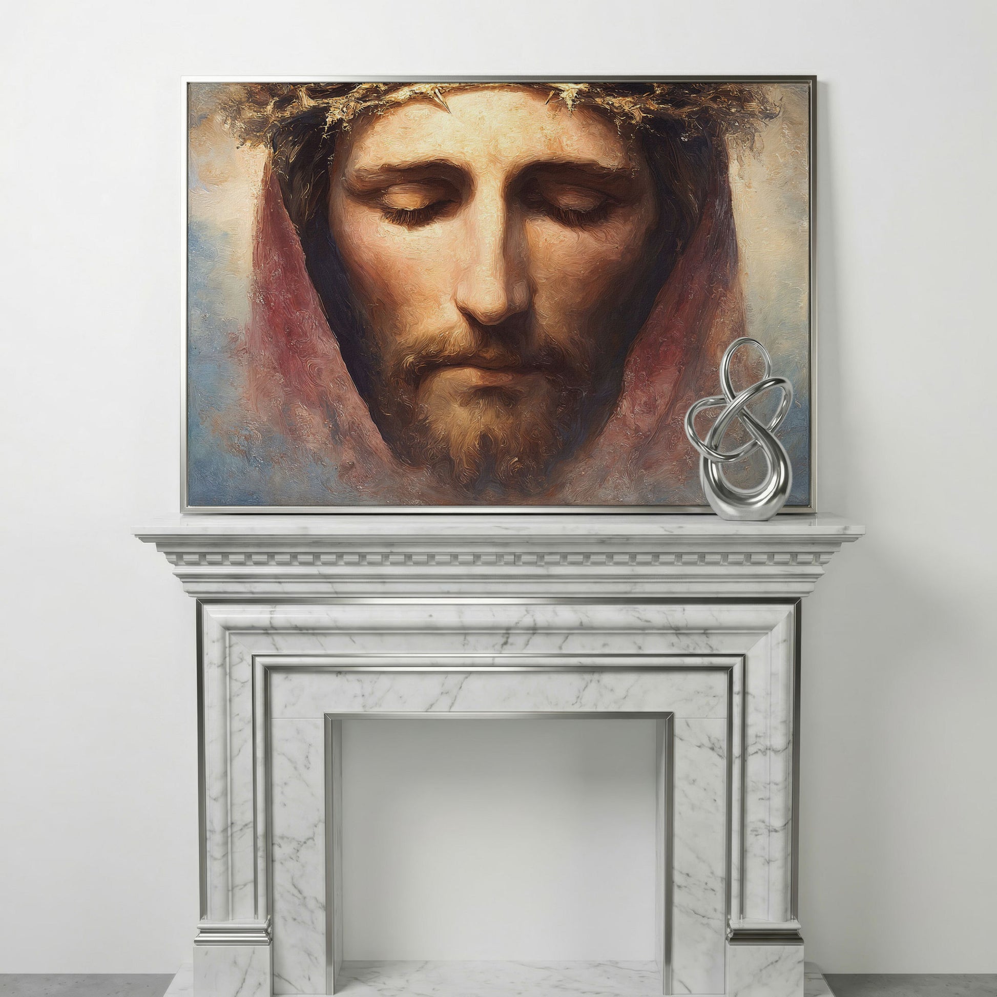 Crown of Thorns: Portrait of Jesus Canvas Wall Art in silver floating frame