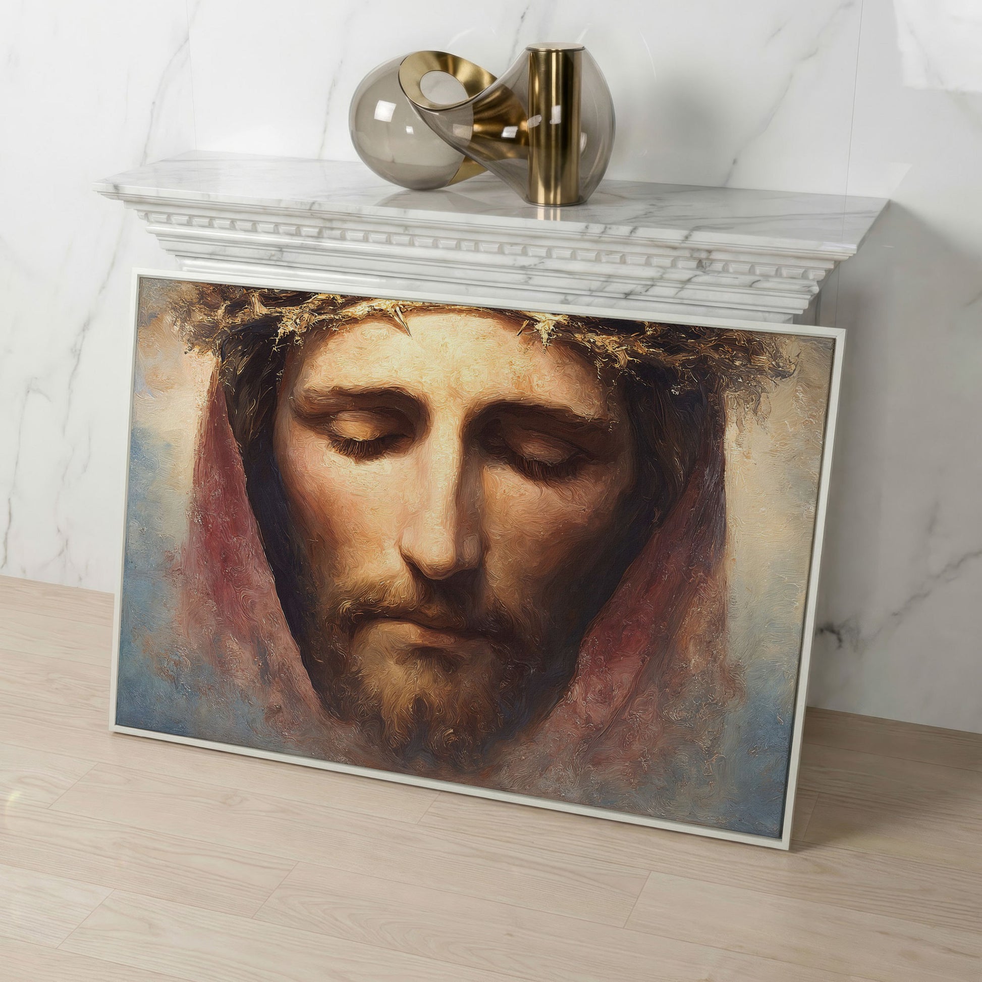Crown of Thorns: Portrait of Jesus Canvas Wall Art in white floating frame