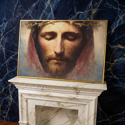 Crown of Thorns: Portrait of Jesus Canvas Wall Art in yellow gold floating frame