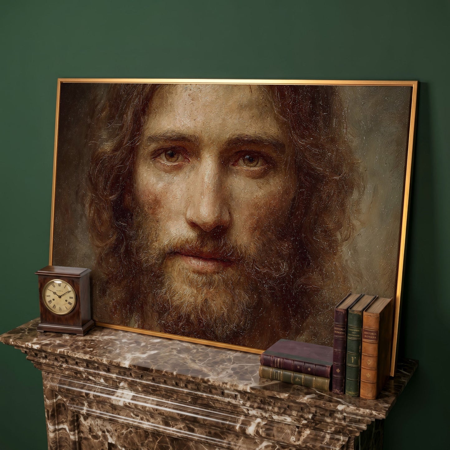 Face of Jesus Christ Canvas Art, Realistic Portrait Print in antique gold floating frame