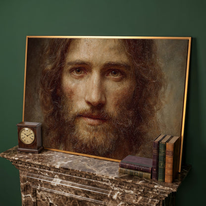 Face of Jesus Christ Canvas Art, Realistic Portrait Print in antique gold floating frame