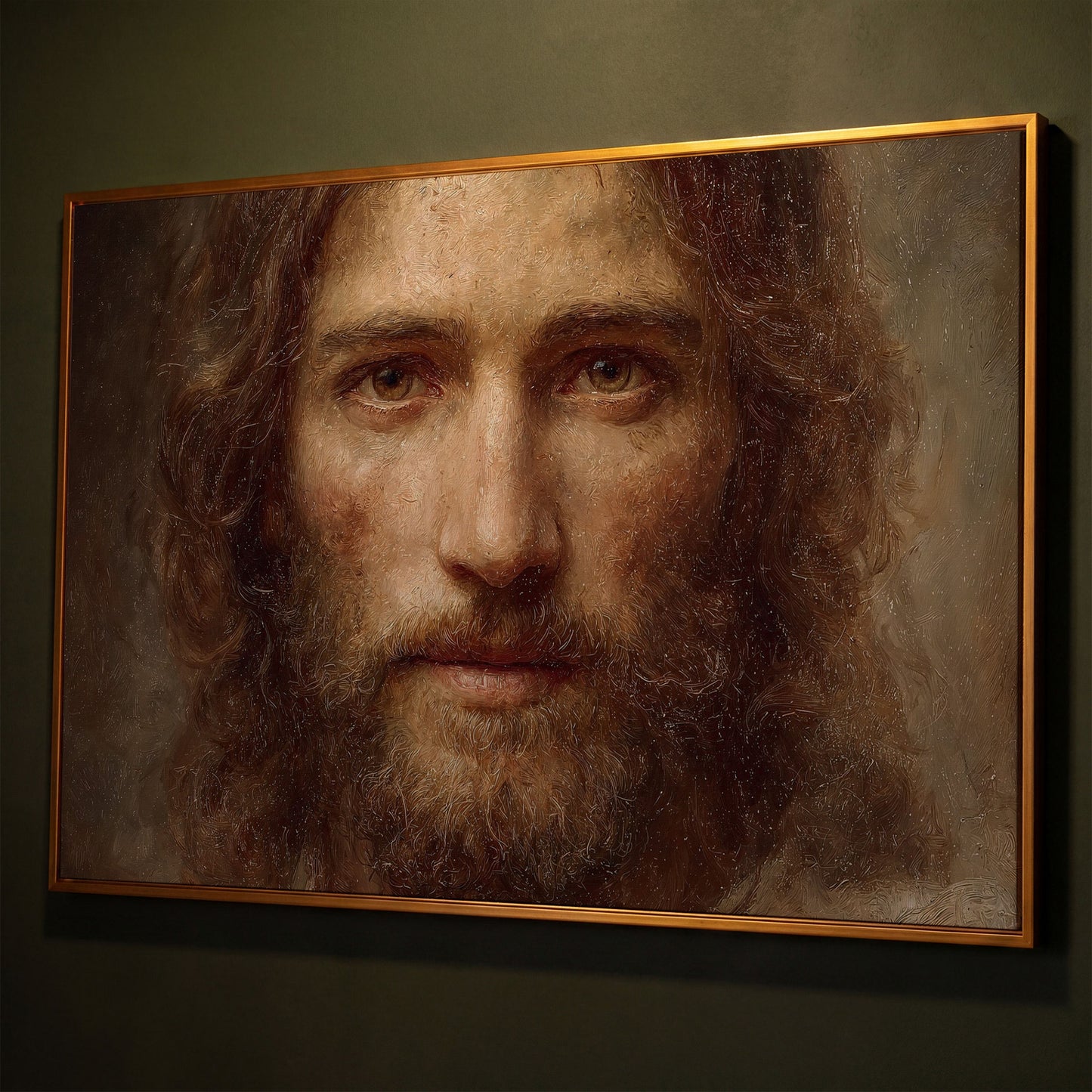 Face of Jesus Christ Canvas Art, Realistic Portrait Print shown in antique gold floating frame