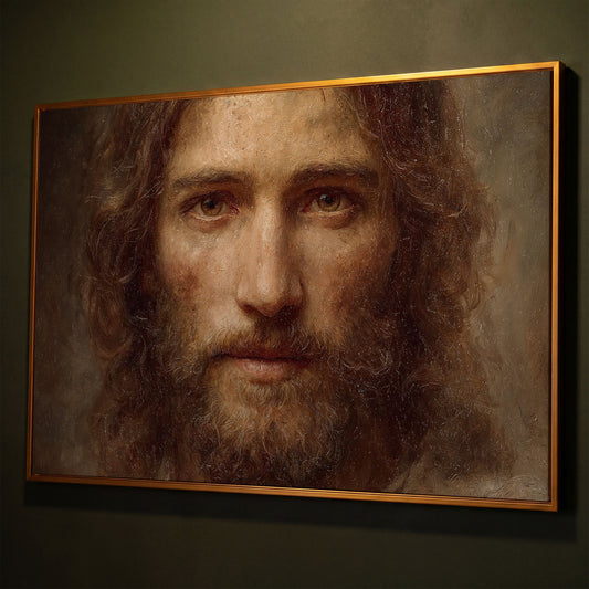 Face of Jesus Christ Canvas Art, Realistic Portrait Print shown in antique gold floating frame