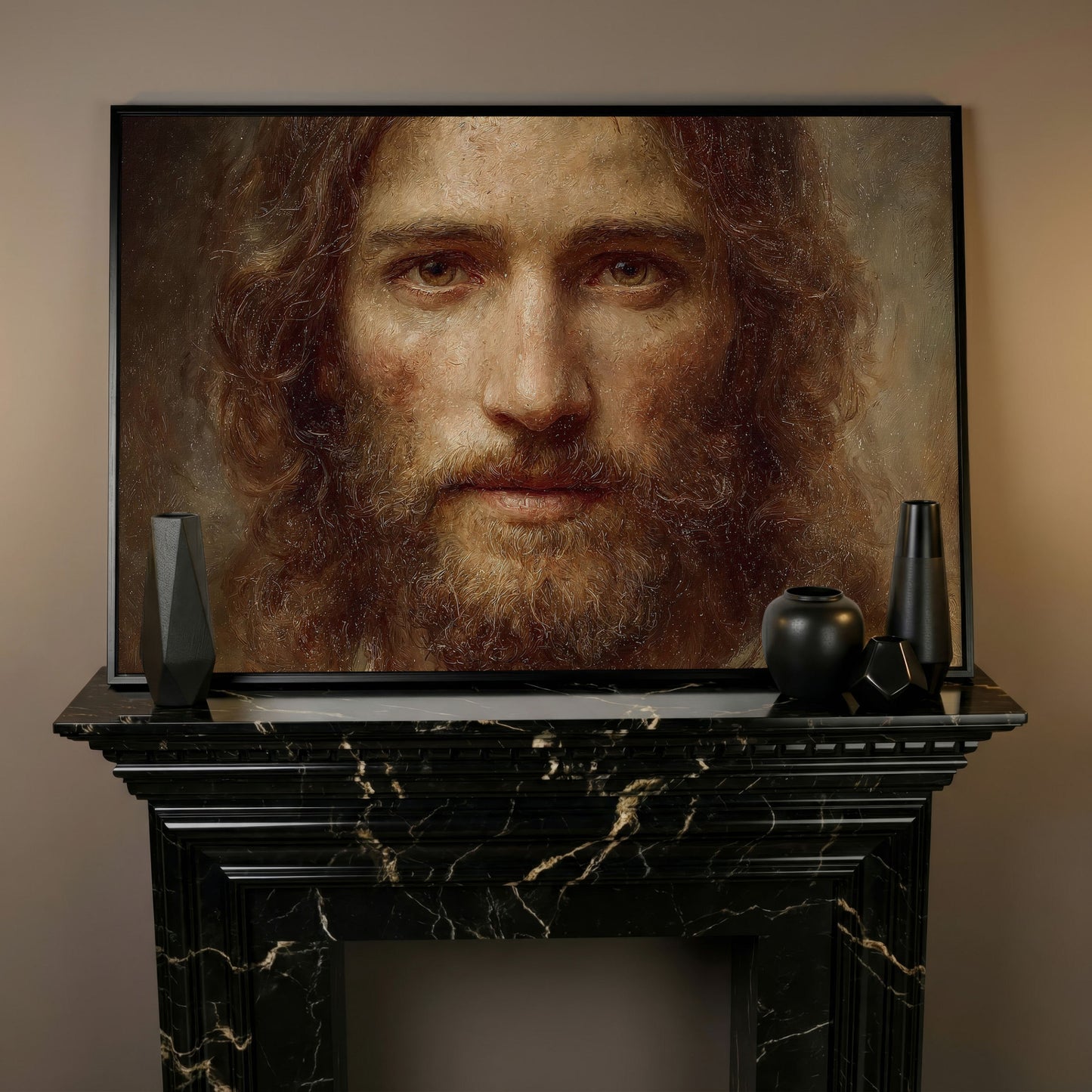 Face of Jesus Christ Canvas Art, Realistic Portrait Print in black floating frame