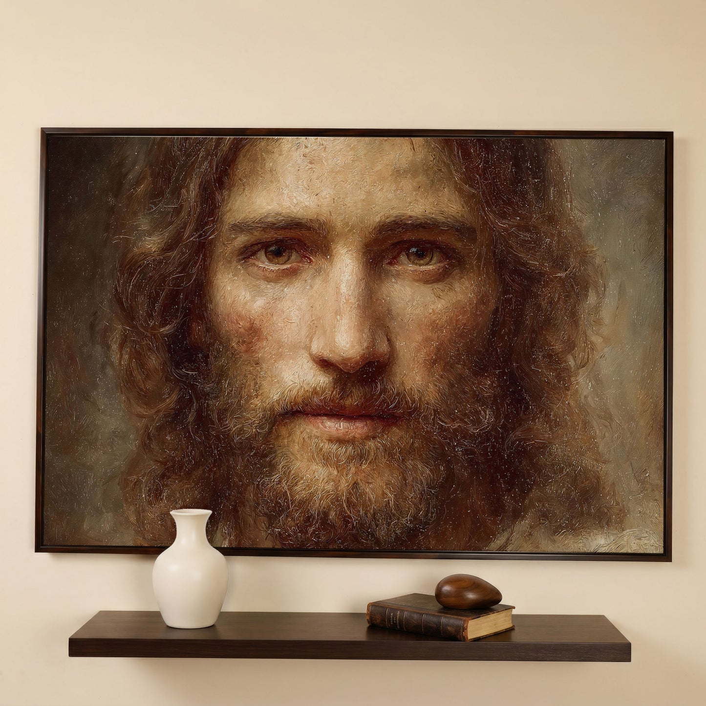 Face of Jesus Christ Canvas Art, Realistic Portrait Print in dark walnut floating frame