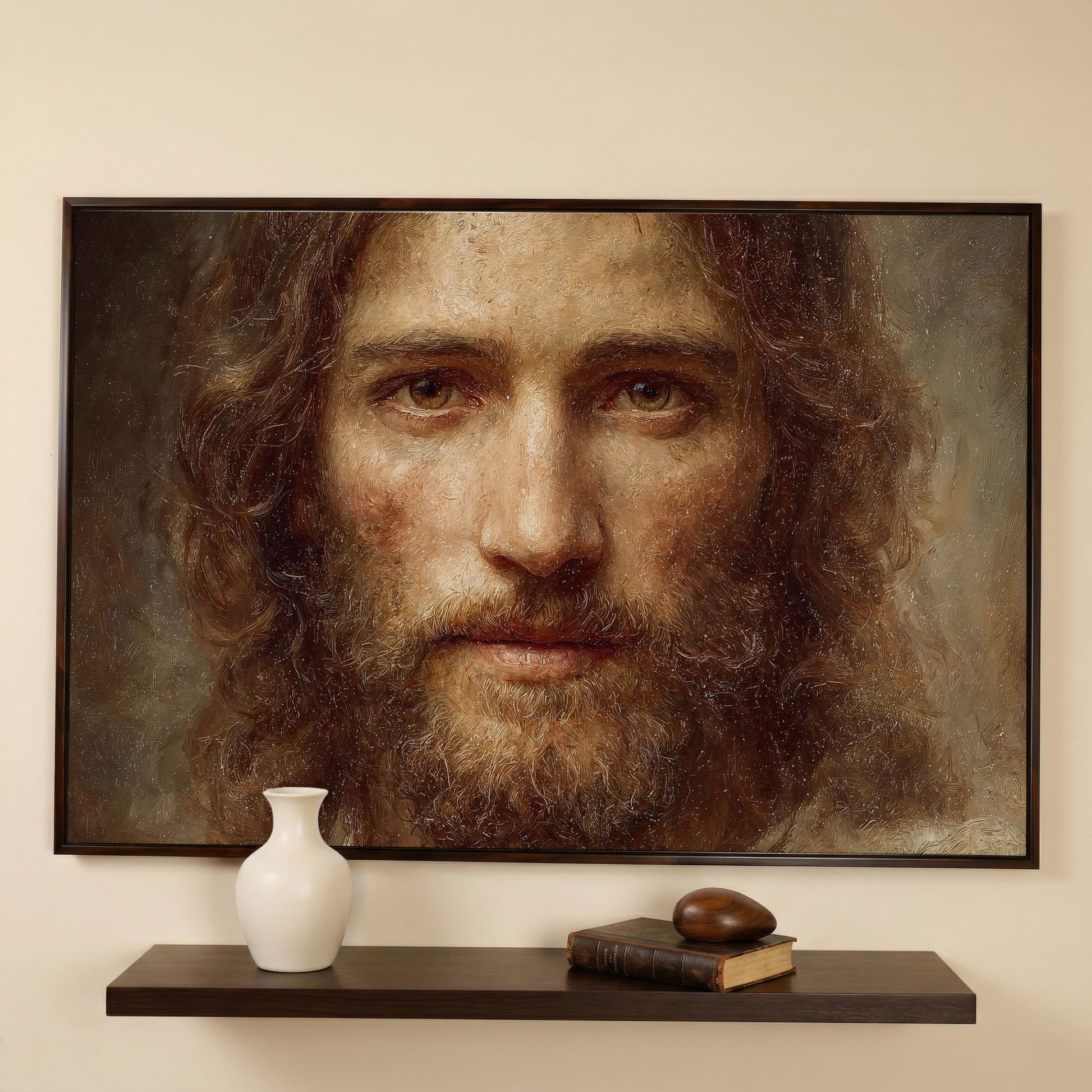Face of Jesus Christ Canvas Art, Realistic Portrait Print in dark walnut floating frame