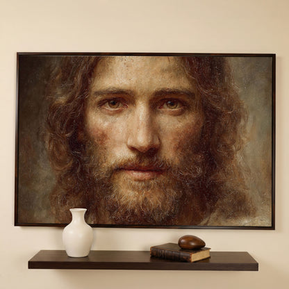 Face of Jesus Christ Canvas Art, Realistic Portrait Print in dark walnut floating frame