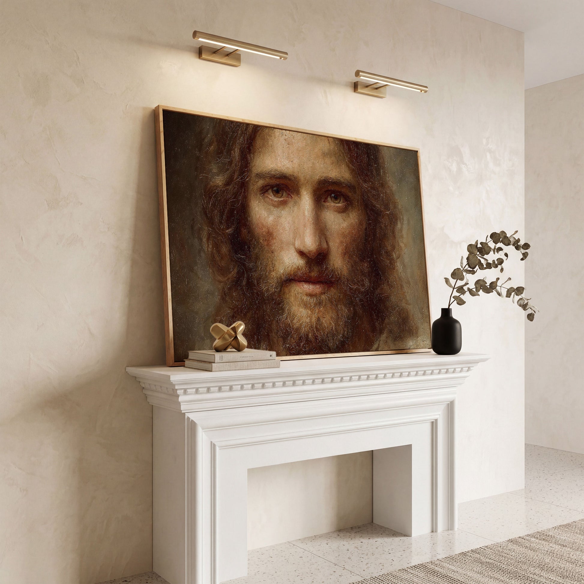 Face of Jesus Christ Canvas Art, Realistic Portrait Print in white oak floating frame