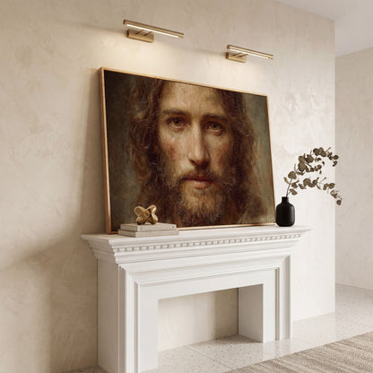Face of Jesus Christ Canvas Art, Realistic Portrait Print in white oak floating frame