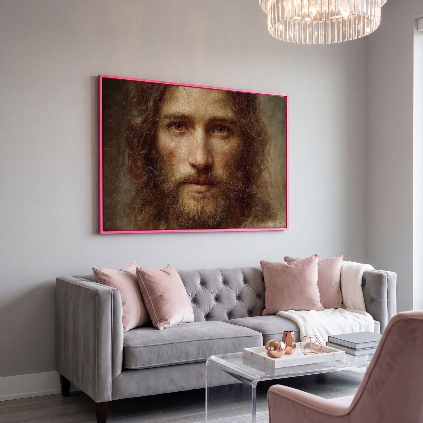 Face of Jesus Christ Canvas Art, Realistic Portrait Print in pink floating frame