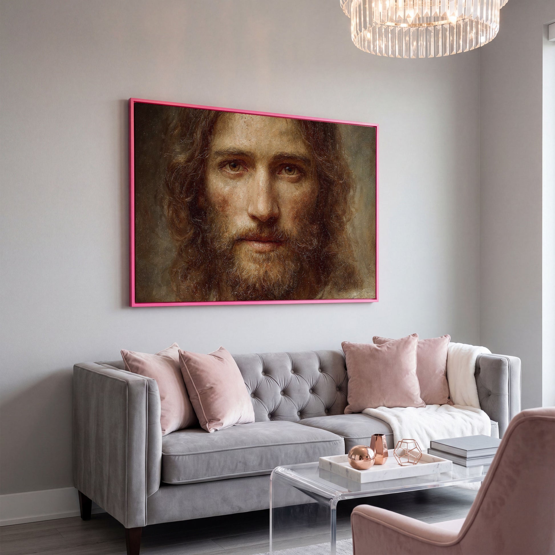 Face of Jesus Christ Canvas Art, Realistic Portrait Print in pink floating frame