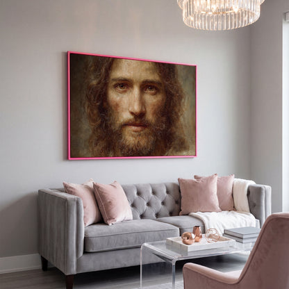 Face of Jesus Christ Canvas Art, Realistic Portrait Print in pink floating frame