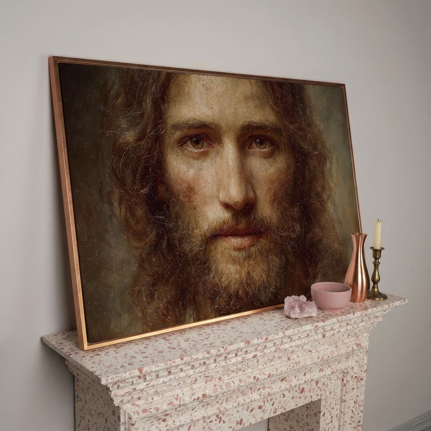 Face of Jesus Christ Canvas Art, Realistic Portrait Print in rose gold floating frame