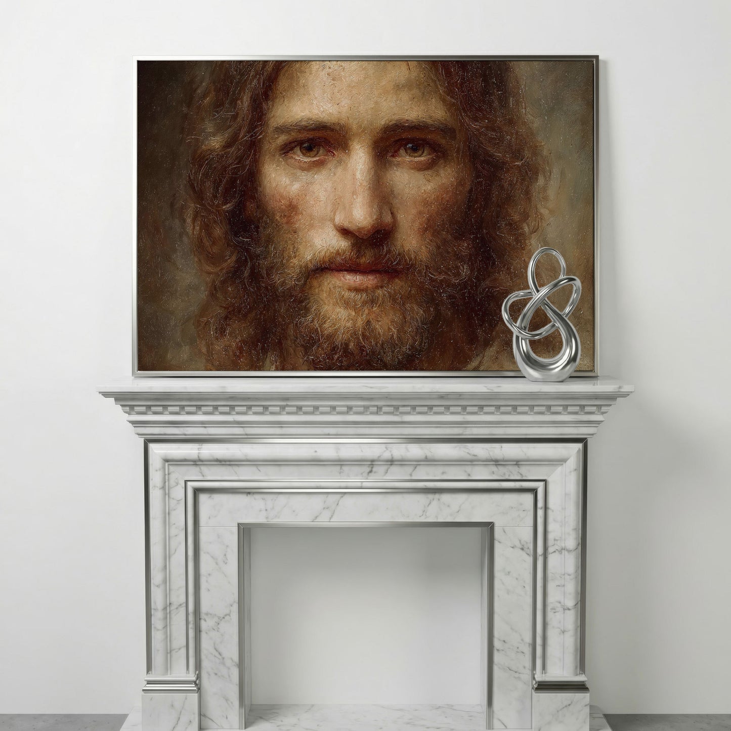 Face of Jesus Christ Canvas Art, Realistic Portrait Print in silver floating frame