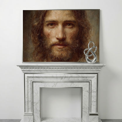 Face of Jesus Christ Canvas Art, Realistic Portrait Print in silver floating frame