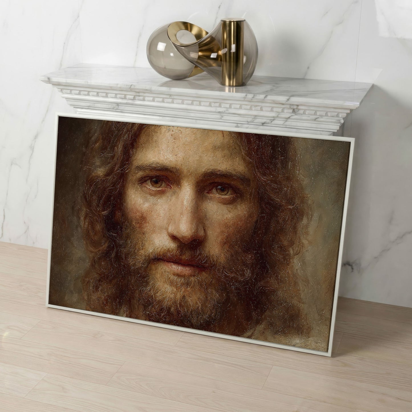 Face of Jesus Christ Canvas Art, Realistic Portrait Print in white floating frame