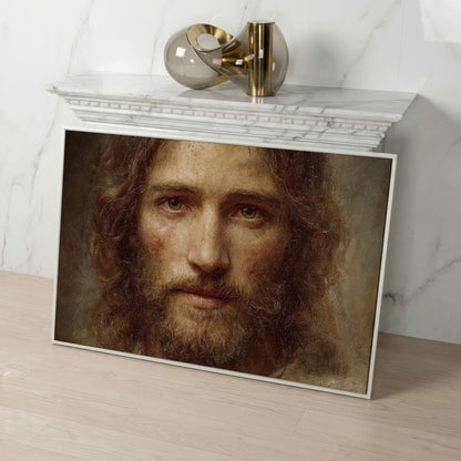 Face of Jesus Christ Canvas Art, Realistic Portrait Print in white floating frame