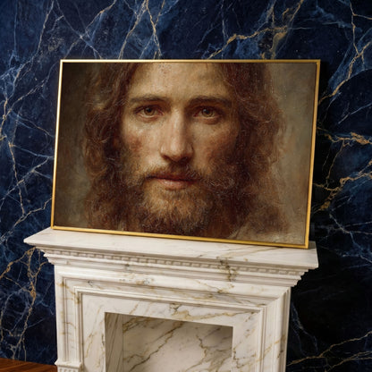 Face of Jesus Christ Canvas Art, Realistic Portrait Print in yellow gold floating frame