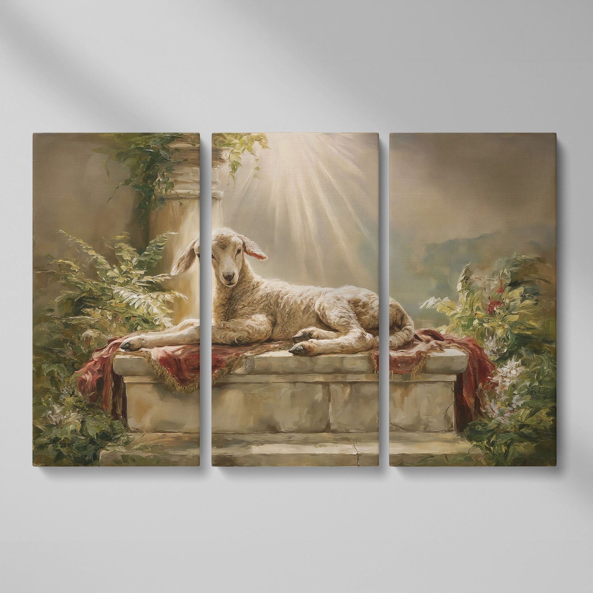 Lamb on the Altar. Sacred Light Canvas Wall Art as 3-panel split version
