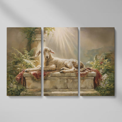 Lamb on the Altar. Sacred Light Canvas Wall Art as 3-panel split version