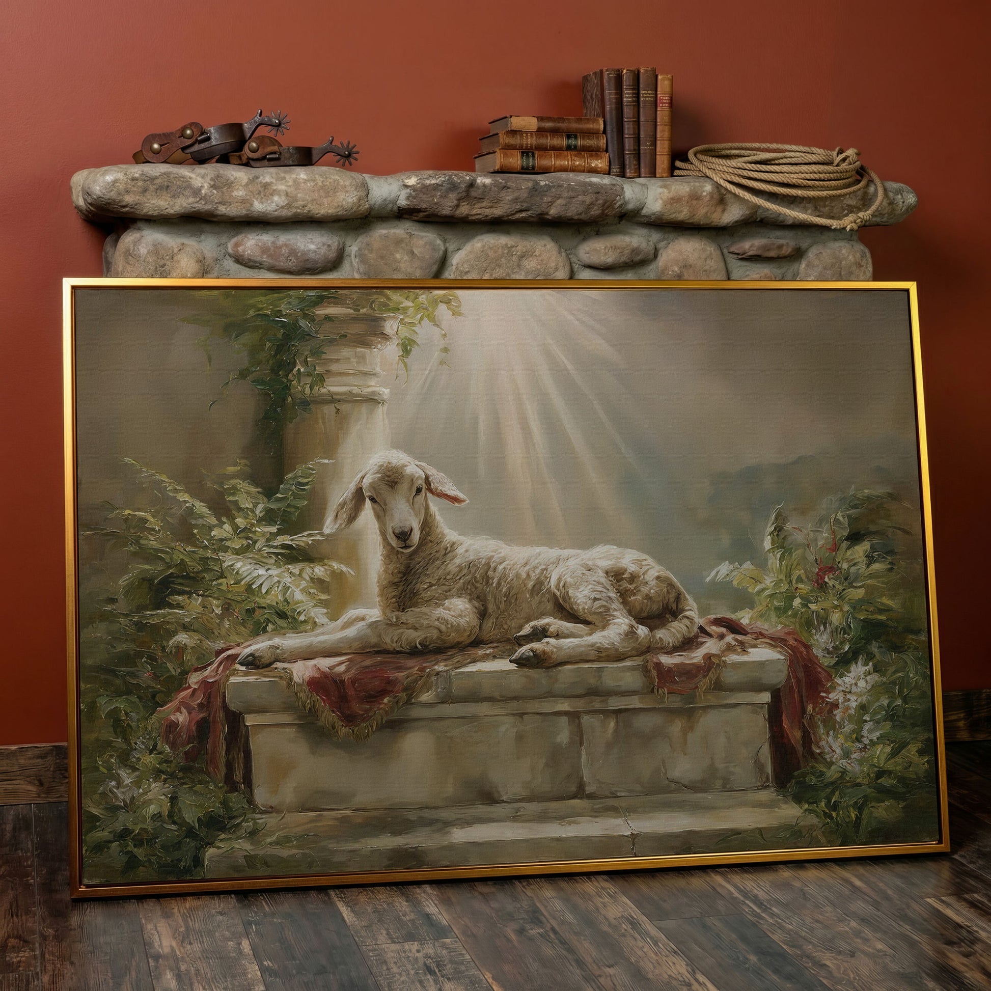 Lamb on the Altar. Sacred Light Canvas Wall Art in antique gold floating frame