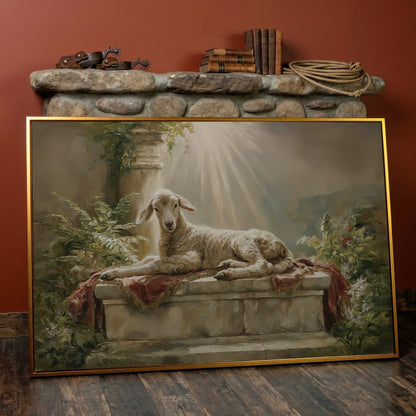 Lamb on the Altar. Sacred Light Canvas Wall Art in antique gold floating frame
