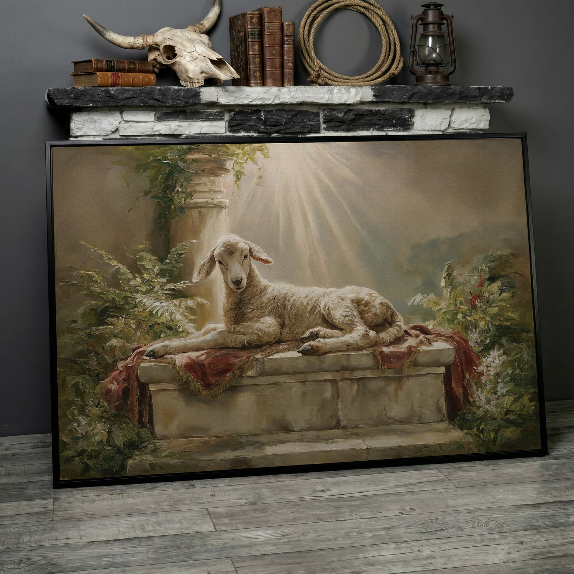 Lamb on the Altar. Sacred Light Canvas Wall Art in black floating frame