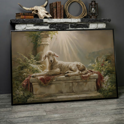 Lamb on the Altar. Sacred Light Canvas Wall Art in black floating frame