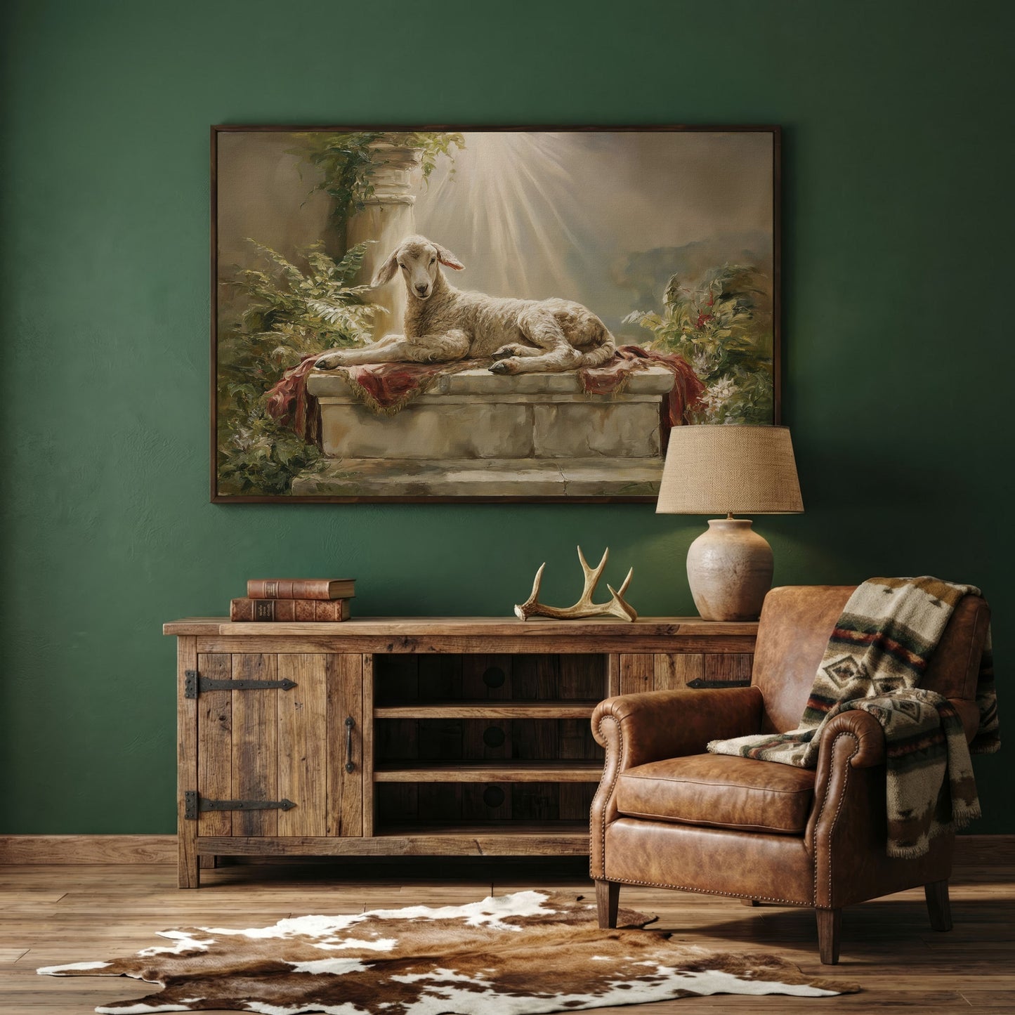 Lamb on the Altar. Sacred Light Canvas Wall Art in dark walnut floating frame