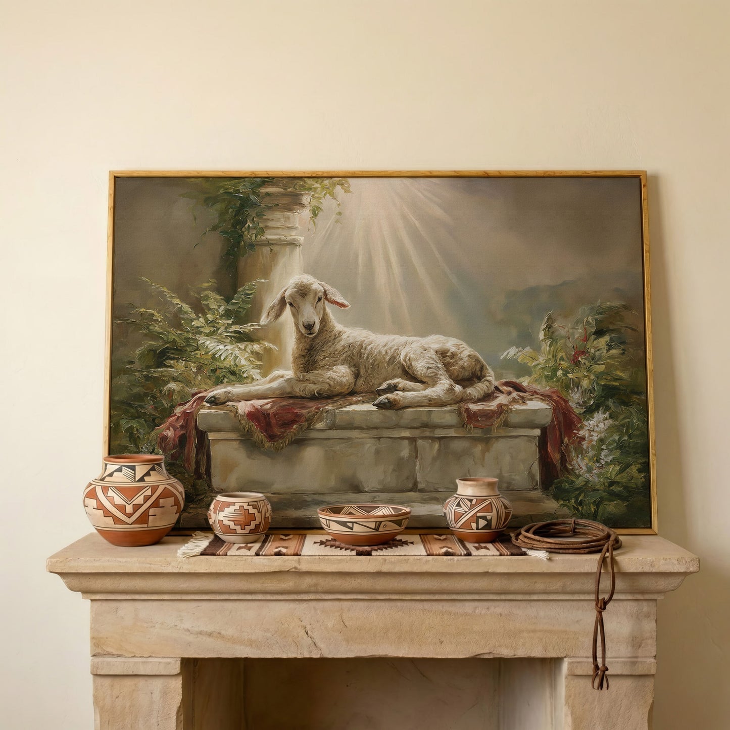 Lamb on the Altar. Sacred Light Canvas Wall Art in white oak floating frame
