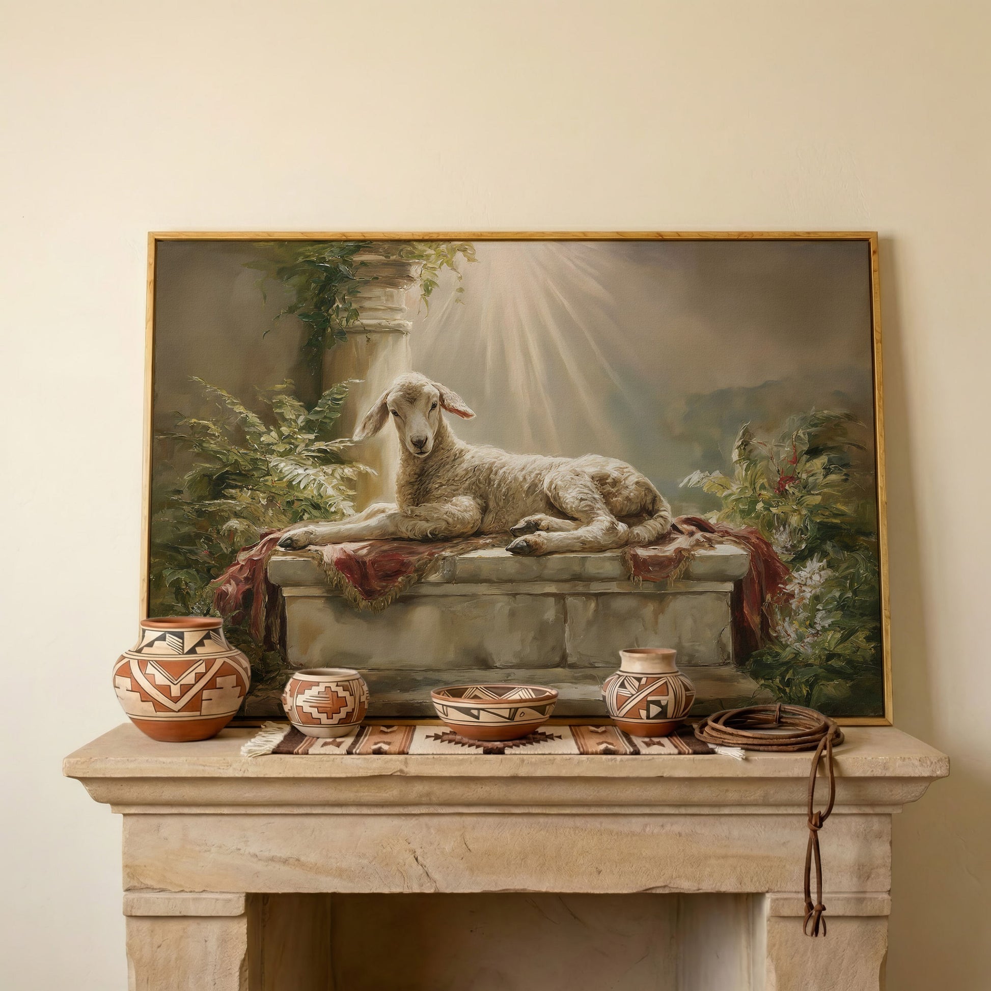 Lamb on the Altar. Sacred Light Canvas Wall Art in white oak floating frame