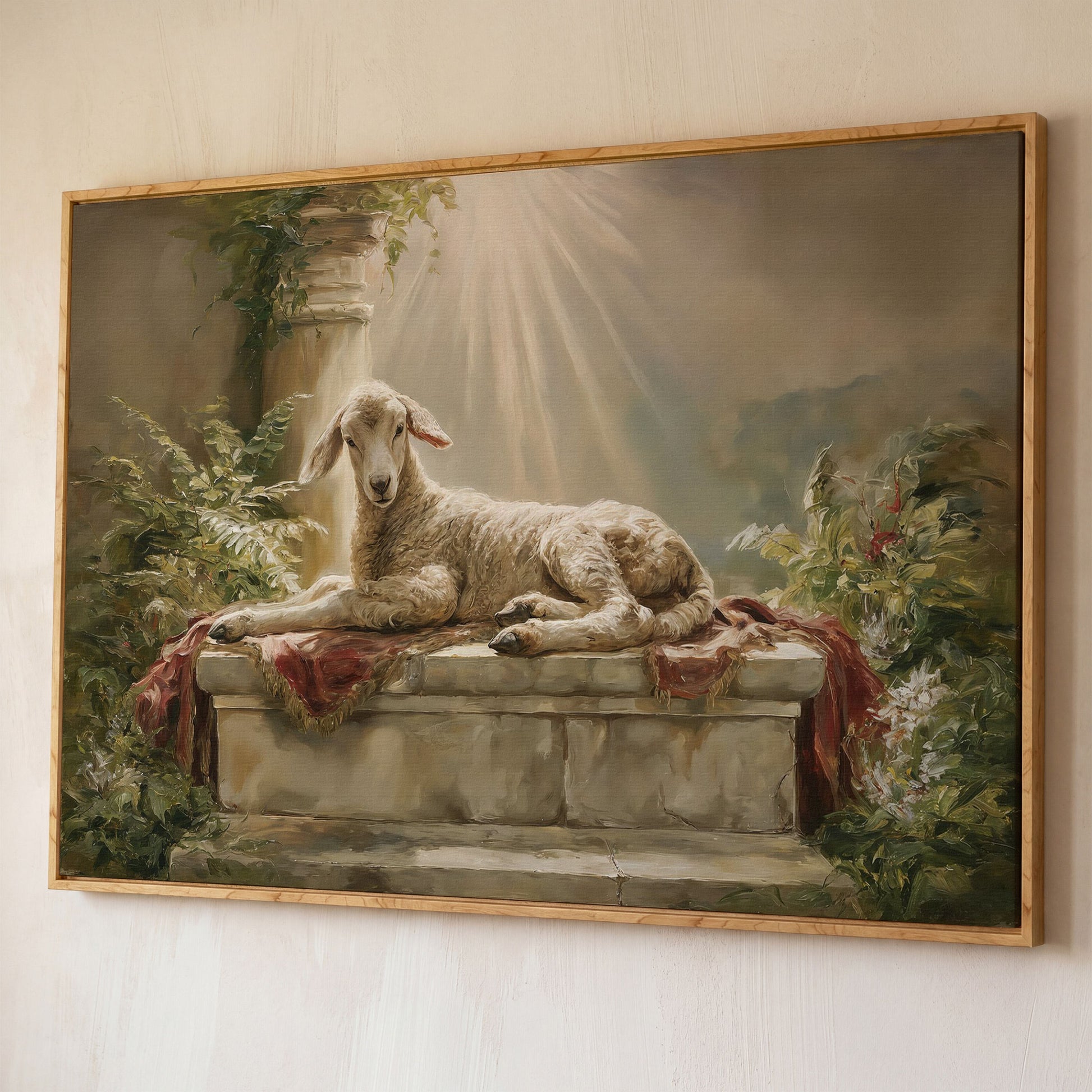Lamb on the Altar. Sacred Light Canvas Wall Art shown in white oak floating frame