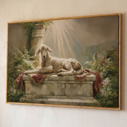Lamb on the Altar. Sacred Light Canvas Wall Art shown in white oak floating frame