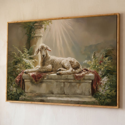 Lamb on the Altar. Sacred Light Canvas Wall Art shown in white oak floating frame