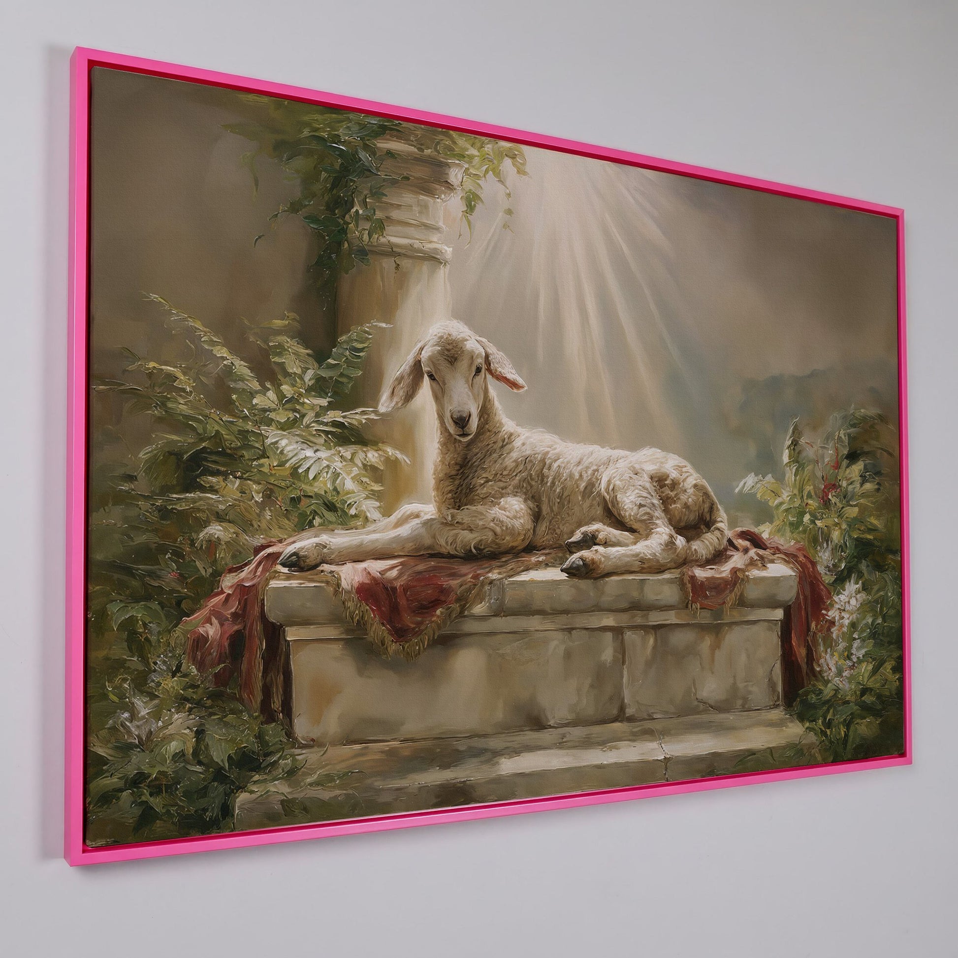 Lamb on the Altar. Sacred Light Canvas Wall Art in pink floating frame