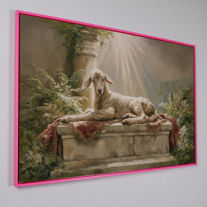Lamb on the Altar. Sacred Light Canvas Wall Art in pink floating frame