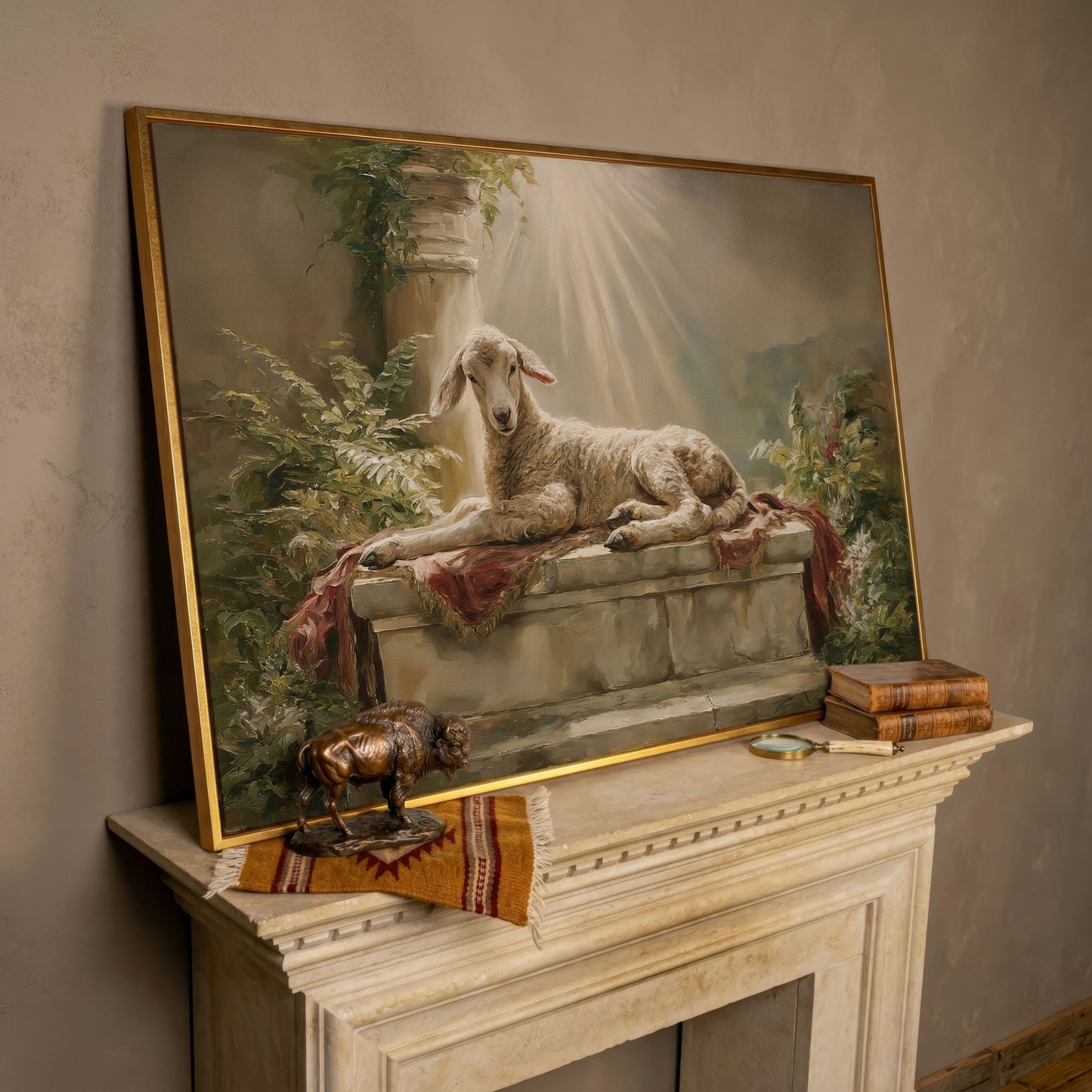 Lamb on the Altar. Sacred Light Canvas Wall Art in rose gold floating frame