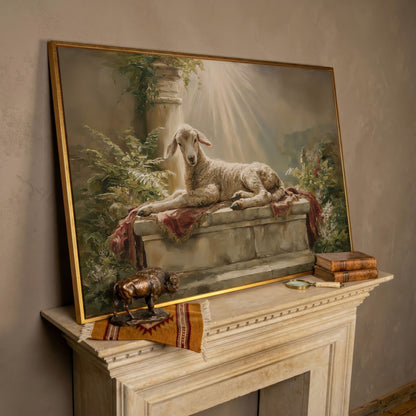 Lamb on the Altar. Sacred Light Canvas Wall Art in rose gold floating frame