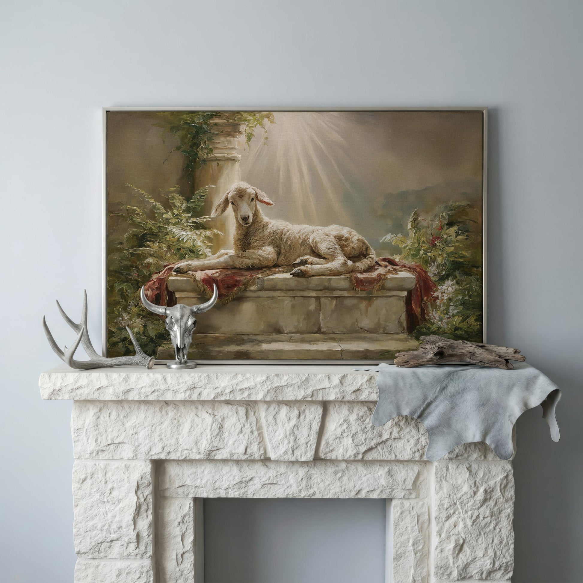 Lamb on the Altar. Sacred Light Canvas Wall Art in silver floating frame