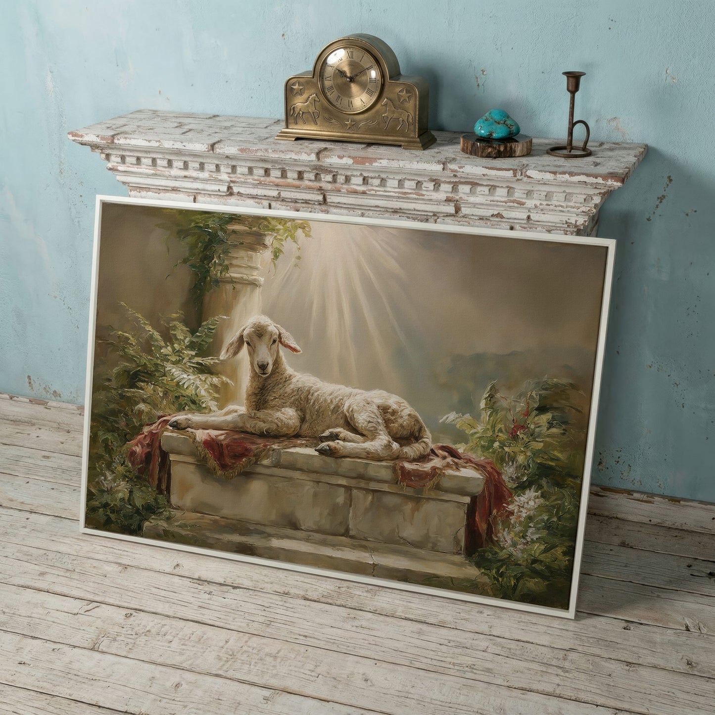 Lamb on the Altar. Sacred Light Canvas Wall Art in white floating frame