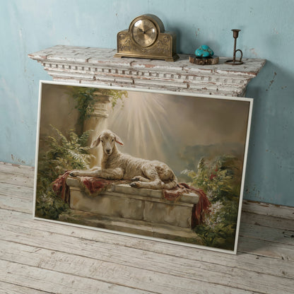 Lamb on the Altar. Sacred Light Canvas Wall Art in white floating frame