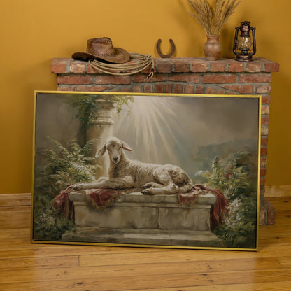 Lamb on the Altar. Sacred Light Canvas Wall Art in yellow gold floating frame