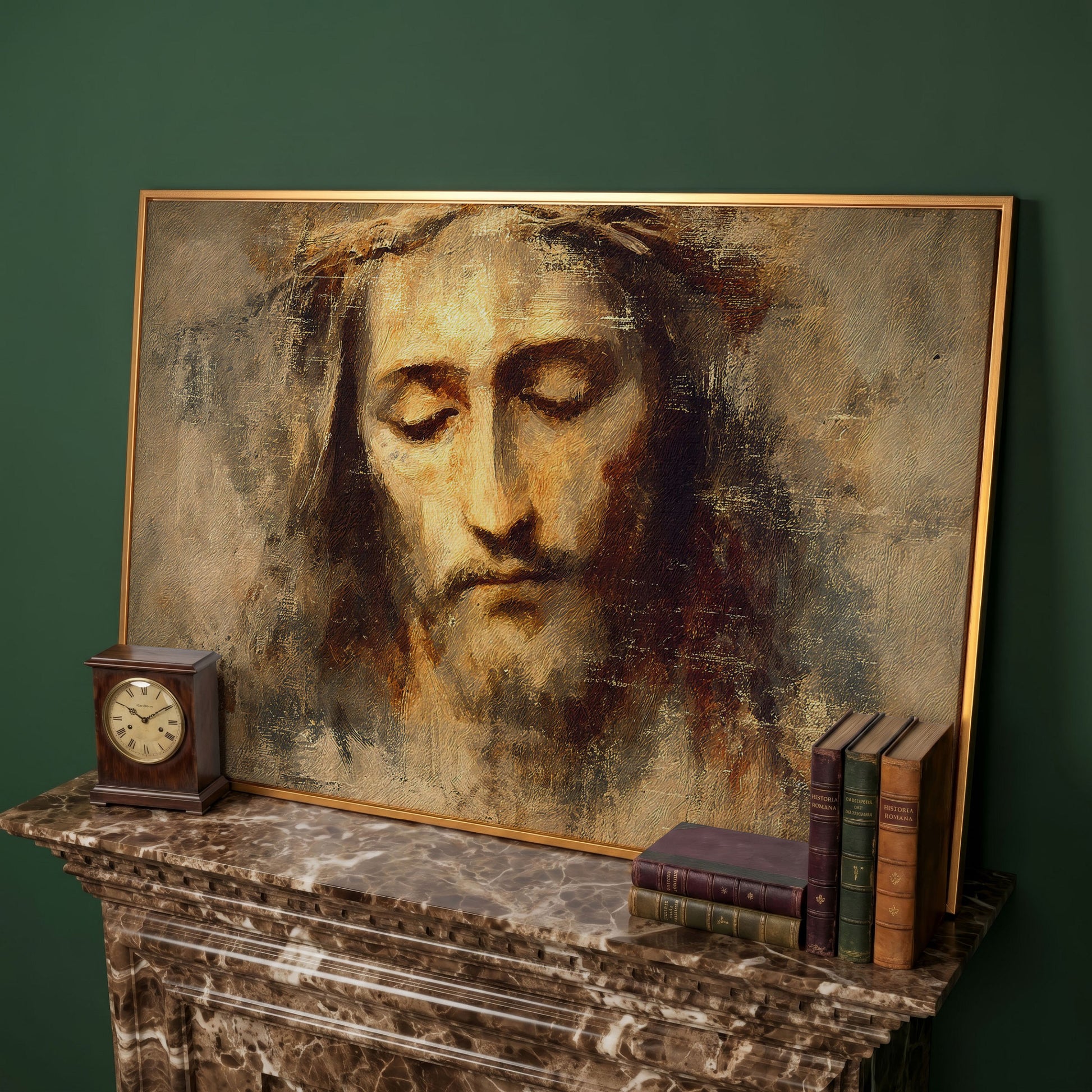 Jesus Christ with Crown of Thorns Canvas Wall Art in antique gold floating frame